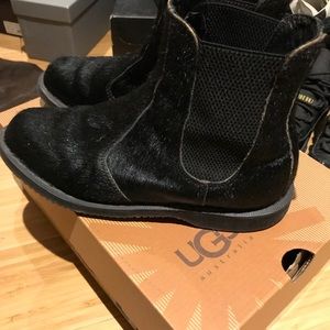 Black fake fur Dr. Martin boots.